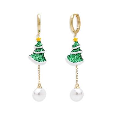 Imagem de Agriajun Brincos de estrela de árvore de Natal verde dourado para mulheres, strass CZ neve pontos vermelhos brincos moda inverno acessórios de Natal joias presente, Latão, Sem pedra preciosa