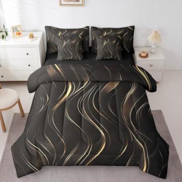 Imagem de Conjunto de cama de 7 peças com linhas onduladas pretas douradas, geométricas, abstratas, curvas, fluidas, arte moderna, com lençóis, redemoinhos, listradas, em uma bolsa, arte geométrica minimalista