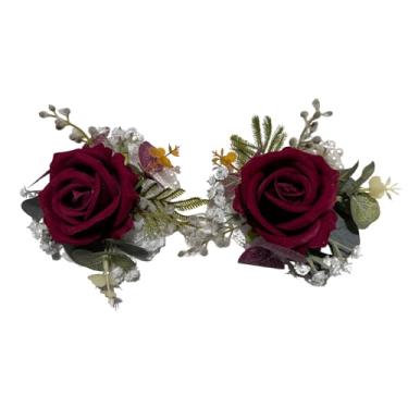 Imagem de JoyKnotique Conjunto de 2 peças de corpete rosa vermelha vinho e flor na lapela para decoração de formatura e acessórios de casamento, decoração de terno de festa
