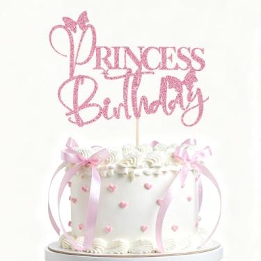 Imagem de VQOUZVSR Topo de bolo de aniversário de princesa, laço de glitter rosa, enfeite de bolo de feliz aniversário para rainha/menina adulta/festa de jantar decoração de bolos suprimentos