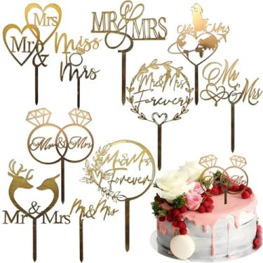 Imagem de 10 Pcs Mr and Mrs Cake Topper Acrylic Wedding Cake Decorations with Mirror Finish Gold Bridal Shower Engagement Anniversary Cake Topper Set for Wedding Cakes Decor Supplies Bride and Groom