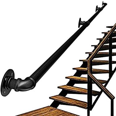 Imagem de Corrimão de escada - kit completo. Tubo de ferro de vento industrial para idosos, para corredor interno e externo sótão, preto (tamanho: 2,4 m)