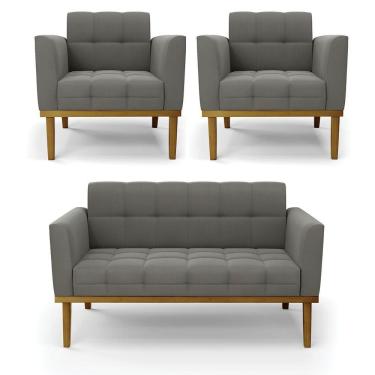 Imagem de Namoradeira Com 2 Poltronas Base De Madeira Castanho Elisa Suede D03 - D\'rossi Cor Grafite