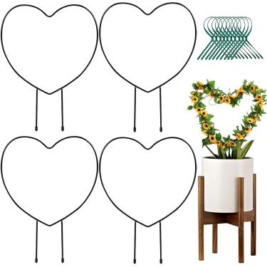 Imagem de Pacote com 4 treliças de plantas de metal preto para escalada - treliça de ferro para planta treliça de treliça de treliça de treliça de treliça de treliça para plantas em vaso e flores internas (4, coração)