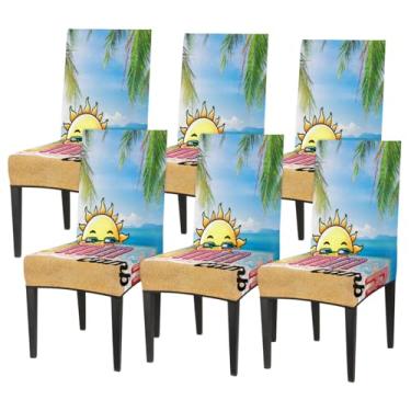 Imagem de hongjinglin Conjunto de 6 capas elásticas para cadeira de sala de jantar, sol, verão, praia, lavável, para cozinha, casa, hotel, banquete, festa de casamento, cerimônia