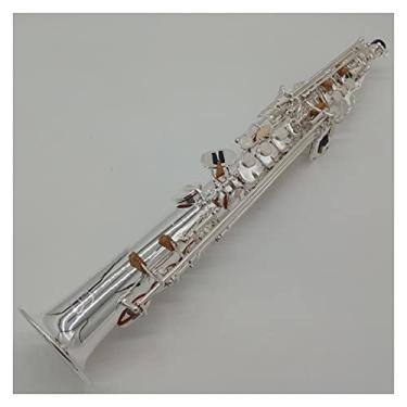 Imagem de Saxofone profissional saxofone soprano prateado B-Flat saxofone soprano com estojo bocal palhetas pescoço latão sax kit para iniciantes (cor: prata)