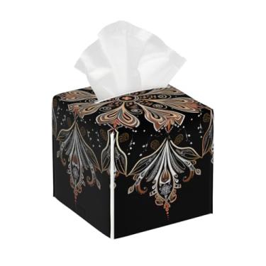 Imagem de Capa quadrada de couro para caixa de lenços à prova d'água, mandala, flor, preto, étnico, organizador de papel facial com cinto inferior, estojo de lenços para mesa, banheiro, escritório, mesa, carro