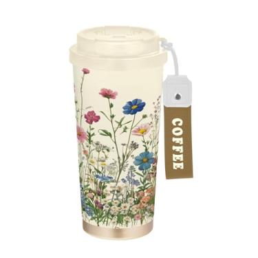 Imagem de SEHANY Caneca de viagem colorida de ervas silvestres de 500 ml Copos de café reutilizáveis revestidos de cerâmica com tampa à prova de vazamento, parede dupla, isolamento a vácuo, copo de café de aço