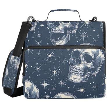 Imagem de SEHANY Fichário com zíper de caveira com alça de ombro, capacidade para 500 folhas, vários bolsos 3,8 cm para fichário com zíper e 3 anéis