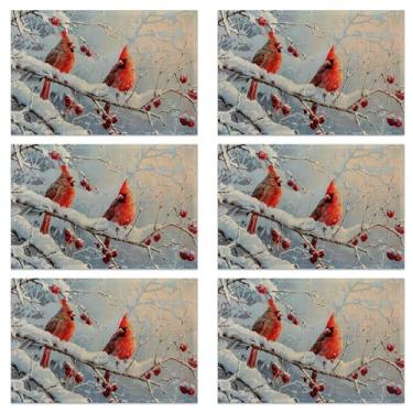 Imagem de Conjunto de 6 jogos americanos de mesa, tecido de linho impermeável, suporte antiderrapante e fácil de limpar, protetores de mesa de jantar elegantes para família e convidados (pássaro cardeal