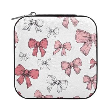 Imagem de SEHANY Caixa de joias personalizada com laço rosa para mulheres, meninas, mini estojo de joias de couro PU, organizador de joias de viagem, caixa de joias para brincos, anéis, colares, presentes para