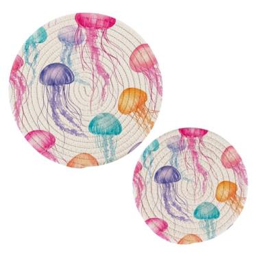 Imagem de Blueangle Pacote com 2 trivets de água-viva para pratos quentes - suportes de panela resistentes ao calor, almofadas quentes trançadas e porta-copos - tapetes de mesa duráveis para cozinhar, assar