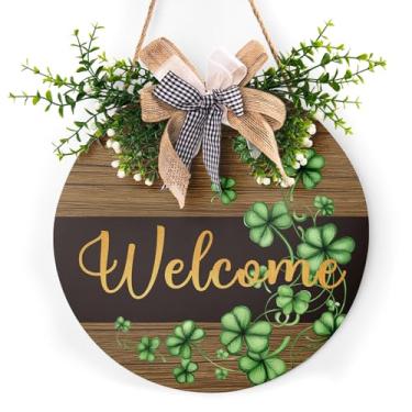 Imagem de Decoração de porta de boas-vindas do dia de São Patrício para casa sinal verde grinalda de trevo da sorte para placa de porta da frente, decoração rústica ao ar livre, placa de madeira pendurada para