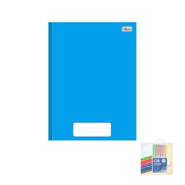 Imagem de Kit Caderno Brochura Capa Dura Azul 80 Folhas + Caneta Esferográfica 24 Unidades Sortidas + Marca Texto Pastel 6 Cores