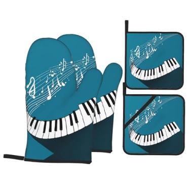 Imagem de Teclas de piano verdes e brancas – Conjunto de luvas de cozinha estampadas com suportes de tampa, luvas de forno resistentes ao calor para manusear panelas quentes, grelhar, churrascos, kit de 4 peças