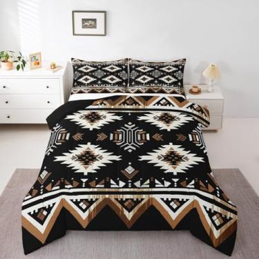 Imagem de Feelyou Jogo de cama King Asteca preto do sudoeste, boêmio, boêmio, geométrico, exótico, selvagem, tribal, edredom para mulheres, homens, adolescentes, decoração ultramacia, 3 peças