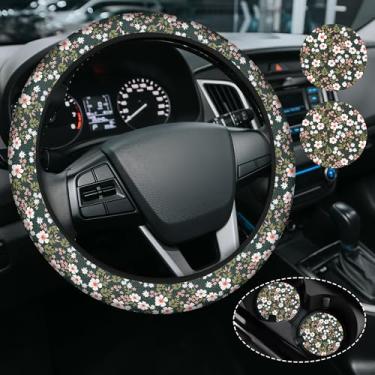 Imagem de Capa de volante floral fofa para mulheres e homens, antiderrapante de neoprene de alta elasticidade, acessórios de carro, capas de volante, universal de 38 cm para carros, SUVS, inclui 2 porta-copos