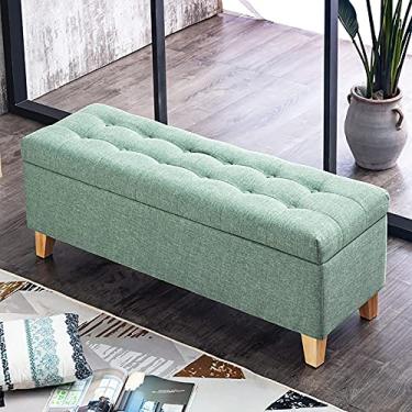 Imagem de FAMEOYA Banco moderno para o canto da cama para sala de estar, quarto, sofá estofado de linho, banco otomano, banco para trocar sapatos com armazenamento - verde claro 90 x 40 x 45 cm (35 x 16 x 18 cm