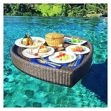 Imagem de Bandeja de servir flutuante mesa de piscina, mesa de café da manhã flutuante em forma de coração, bandeja de buffet de servir, suportes de bebidas para piscina ou festa na praia, boia e refresco (cor