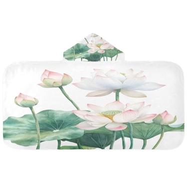 Imagem de Burbuja Toalha de banho com capuz de flores de lótus para crianças, toalha de praia de pelúcia macia absorvente para chá de meninas e meninos 3-10 anos, 61 x 127 cm