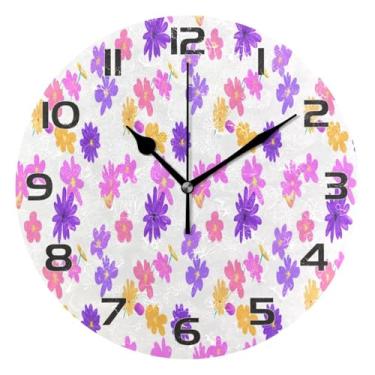 Imagem de YETTASBIN Relógio de parede com flores coloridas, silencioso, sem tique-taque, operado por bateria, relógio redondo decorativo criativo para cozinha, sala de estar, banheiro, decoração de escritório