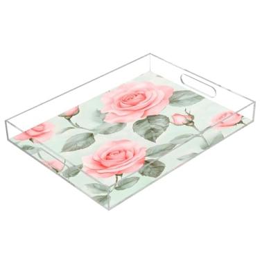 Imagem de STAYTOP Bandeja de servir de acrílico rosa vintage 15,7 × 11,20 cm, bandejas decorativas à prova de derramamento, organizador de bancada para café da manhã, chá, comida, maquiagem