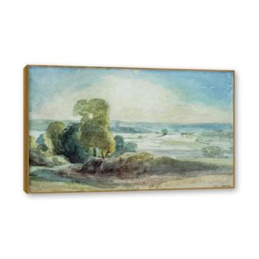 Imagem de Moldura de teca. Arte em tela romantismo estilo constável, (sem título 61), pintura de paisagem inglesa emoldurada, decoração de parede elegante para sala de estar escritório. 60 x 96 cm - 23,7 x 37,7