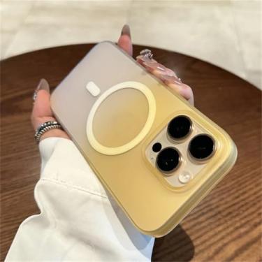 Imagem de Capa ultrafina com efeito degradê fosco e carregamento sem fio magnético para iPhone 16, 15, 14 Plus, 13, 12 Pro Max. Capa rígida de policarbonato (para iPhone 15 Pro Max/Dourada).