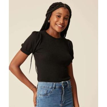 Imagem de Blusa Feminina Canelada Manga Curta Bufante Marisa-49789, Preto, G