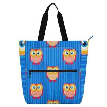 Imagem de GAIGEO Lindas corujas bolsas de trabalho azuis para mulheres, bolsa de lona com zíper, bolsa de praia, professores, amantes de livros