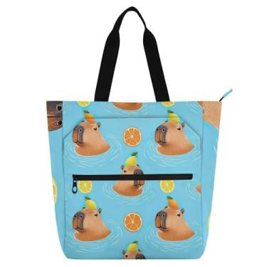 Imagem de Sacolas de trabalho azuis divertidas capivaras para mulheres lona praia livro tote com zíper lindas bolsas infantis amantes de livros presentes