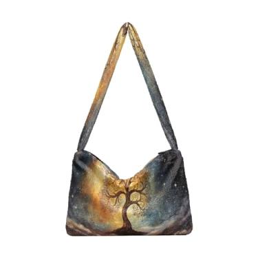 Imagem de Bolsa de ombro feminina com espaço e nave espacial preta, bolsa de ombro, bolsa de ombro para mulheres, Árvore cósmica no céu noturno estrelado - 2, One Size