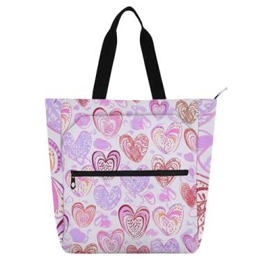 Imagem de GAIGEO Sacola de trabalho feminina com coração colorido, rosa, roxo, bolsa escolar de lona com zíper, bolsa de professores com compartimentos
