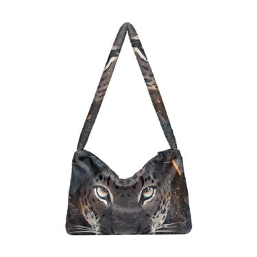 Imagem de Bolsa de pelúcia Ferocious Leopard preta de parede quebrada, sacola com zíper e alça de ombro, bolsa de ombro para mulheres, Ferocious Leopard Black Broken Wall, One Size