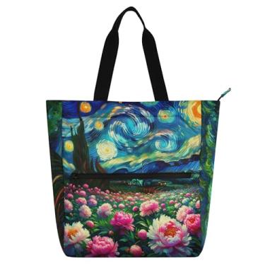 Imagem de GAIGEO Bolsa feminina de lona com flores de peônia de noite estrelada, bolsa escolar com compartimentos