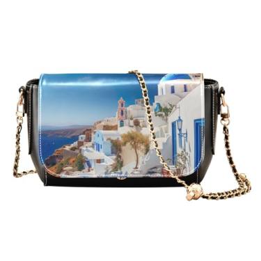 Imagem de GAIGEO Bolsa de ombro de couro com folhas de palmeira tropicais verdes, bolsa de ombro média para mulheres, Casa azul e branca - 2, One Size