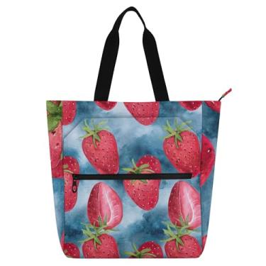 Imagem de Bolsa feminina azul morango vermelho aquarela bolsa de trabalho lona escolar bolsa carteiro bolsas amantes de livros presentes