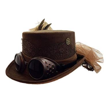 Imagem de Attitude Studio Brown Steampunk Fedora Hat Costume with Goggles, Feather, Gears