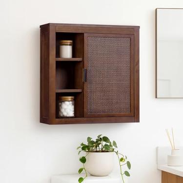 Imagem de Teamson Home Armário de parede Hatteras de 56 cm com armazenamento aberto e fechado com prateleiras resistentes, estilo moderno costeiro e suporte de madeira maciça para instalação segura na parede