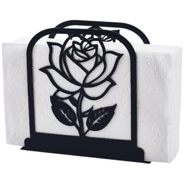 Imagem de CRASPIRE Porta-guardanapos de flores de metal preto porta-guardanapos retrô rosa vertical dispensador de coleção de armazenamento de coquetel para mesa restaurante cozinha sala de jantar festa