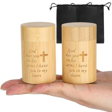 Imagem de Conjunto de 2 urnas dispersas pequenas para cinzas humanas, bambu natural, mini urna de cremação de lembrança com estampa de cruz gravada, para animais de estimação adultos fêmeas, 4,8 cm L x 7,6 cm A
