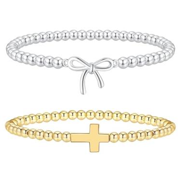 Imagem de Pulseira elástica de contas douradas para mulheres com pingente de coração e laço e joias empilháveis delicadas conjunto de presente atencioso, Adjustable, Liga metálica, Sem Pedra Preciosa