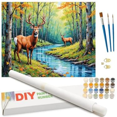 Imagem de Kit de pintura de cervo florestal por números para adultos – Pintura de paisagem de fauna e fauna florestal enrolada em tela 40,6 x 50,8 cm, conjunto de tinta acrílica, adequado para iniciantes, arte