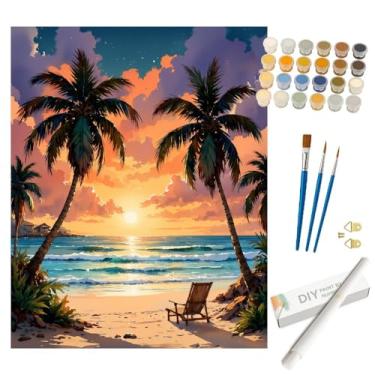 Imagem de Kit de pintura de pôr do sol de praia por números para adultos – Pintura de palmeira DIY enrolada em tela 40,6 x 50,8 cm, conjunto de tinta acrílica, adequado para iniciantes, arte tropical para