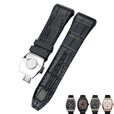 Imagem de EPANO Pulseira masculina para relógio Franck Muller de silicone de couro bovino de 28 mm, pulseira de relógio com fivela dobrável de borracha de nylon (preto azul prata)