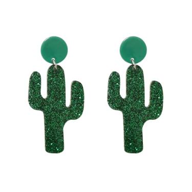 Imagem de ROSTIVO Brincos pendentes de cacto verde com glitter para mulheres, joias divertidas de acrílico para plantas do deserto para Cinco de Mayo, festivais e festas ocidentais