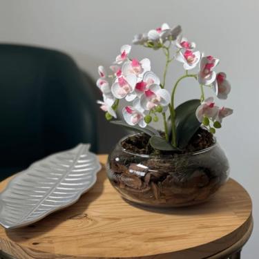 Imagem de Arranjo de Orquídea Artificial em Vaso de Vidro Decorativo para Sala, Lavabo e Escritório(Branca Com Rosa)