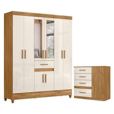 Imagem de Guarda Roupa Casal Portugal com Espelho e Cômoda Vênus Freijó Off Whit