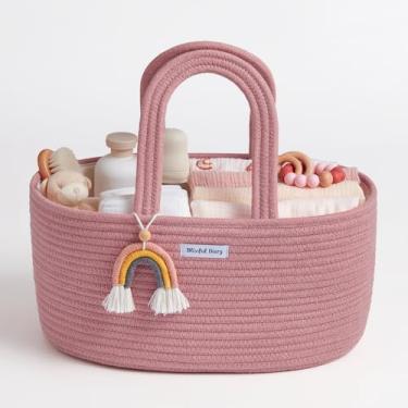 Imagem de Blissful Diary Organizador de fraldas para bebês, cesta de fraldas de corda de algodão, cesta oval de armazenamento, presente para chá de bebê, itens essenciais para recém-nascidos, rosa