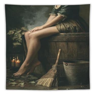 Imagem de Tapeçaria mística vintage mulher em barril vassoura lanterna folhas caídas decoração de parede assustadora sala de estar quarto decoração de casa ornamento exclusivo têxtil pendurado 152 x 152